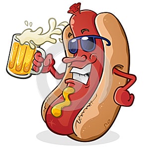 Hot Dog Cartoon Character Drinking Beer