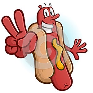 Hot Dog Cartoon Character Flashing a Peace Sign