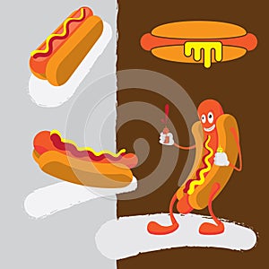 Hot Dog Cartoon Character Squirting Mustard and Ketchup