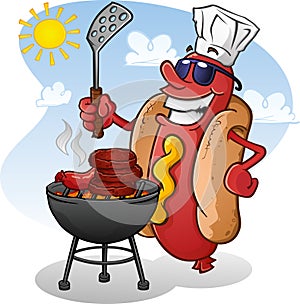 Hot Dog Cartoon Character With Sunglasses Grilling On A Sunny Summer Day