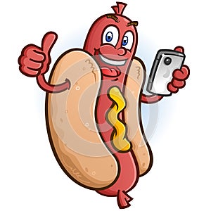 Hot Dog Cartoon Character Using a Smart Phone