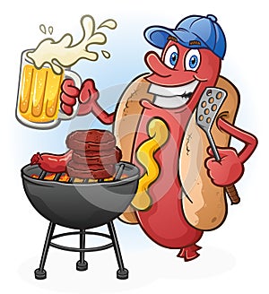 Hot Dog Cartoon Tailgating with Beer and BBQ Cartoon Character