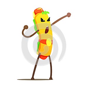 Hot Dog In Champion Belt Street Fighter, Fast Food Bad Guy Cartoon Character Fighting Illustration photo