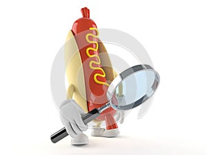 Hot dog character looking through magnifying glass