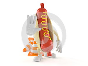 Hot dog character with traffic cone