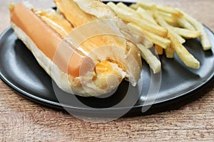 Hot dog with cheese and French fried fast food on dish