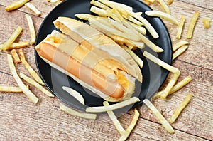 Hot dog with cheese and French fried fast food on dish