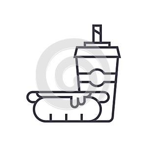 Hot dog with coffee cup,fast food vector line icon, sign, illustration on background, editable strokes