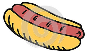 Hot dog color doodle. Fast food icon
