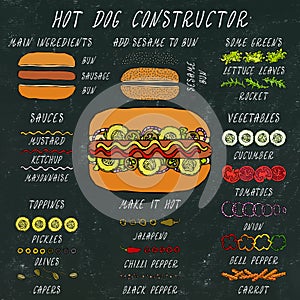 Hot Dog Constructor. Set of Fast Food Menu Ingredients. Hand Drawn High Quality Clean Realistic Vector Illustration. Doodle Style.