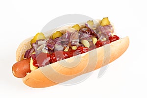 Hot dog with cucumber and onions
