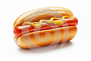 Hot dog with delicious sausage with thick mustard sauce isolated on white background