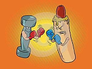 hot dog and dumbbell boxing. Healthy and harmful lifestyle