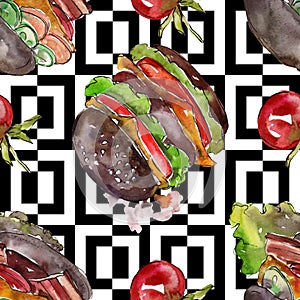 Hot dog fast food isolated. Watercolor background illustration set. Seamless background pattern.