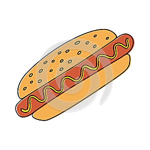 Hot dog. Fast food sketch. Cartoon color illustration. Unhealthy meal. Vector hand drawn icon for restaurant menu