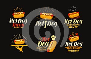 HOT DOG, food logo or label. Elements for design of restaurant menu or eatery. Typography vector illustration