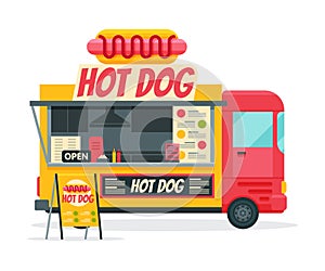 Hot Dog Food Truck, Street Meal Vehicle, Fast Food Delivery Vector Illustration