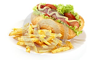 Hot dog with french fries on a plate on white