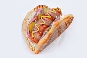 Hot dog with fried bun and sausage not white background