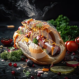 Hot dog with fried sausage, vegetables and sauce on a dark background. Side view. Generative AI