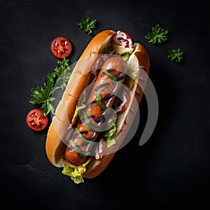 Hot dog with fried sausage, vegetables and sauce on a dark background. Top view. Generative AI