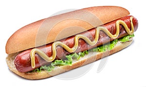 Hot dog - grilled sausage in a bun with sauces isolated on white background