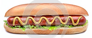 Hot dog - grilled sausage in a bun with sauces isolated on white background