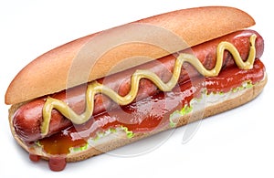 Hot dog - grilled sausage in a bun with sauces isolated on white background