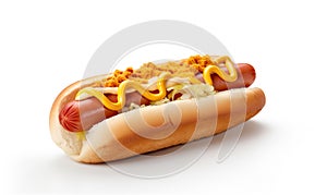 Hot dog - grilled sausage in a bun with sauces isolated on white background