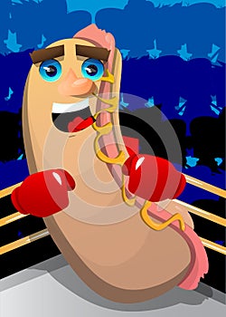 Hot Dog holding his fists in front of him ready to fight wearing boxing gloves.