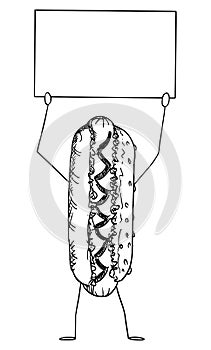 Hot Dog or Hotdog Food Cartoon Character Holding Empty Sign in Hands, Vector Illustration