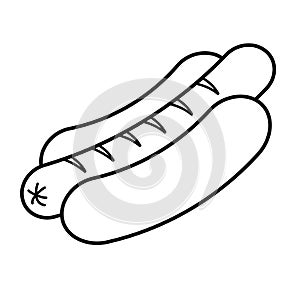 Hot dog icon, Bun with fried sausage, isolated on white background