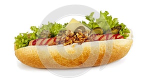 A hot dog isolated on a white background.