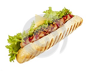 A hot dog isolated on a white background.