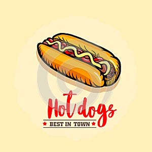 Hot dog ison. Fast food emblem. Retro design.