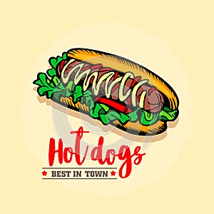 Hot dog ison. Fast food emblem. Retro design.