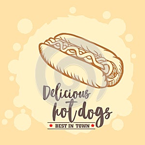 Hot dog ison. Fast food emblem. Retro design.