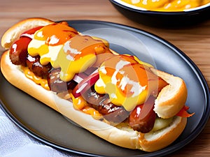 hot dog with ketchup and mustard on plate, Ai Generated