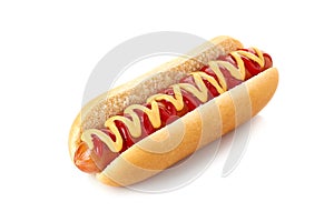 Hot dog with ketchup and mustard on white