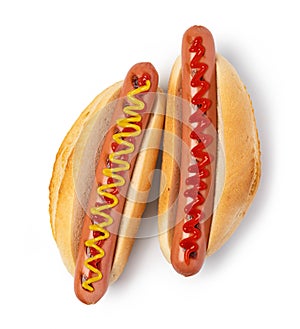 Hot dog with ketchup and mustard on white