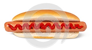 Hot dog with ketchup on white