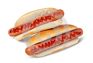 Hot dog with ketchup on white