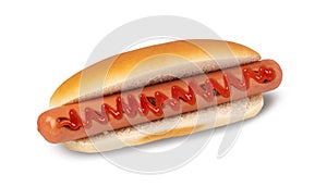 Hot dog with ketchup on white