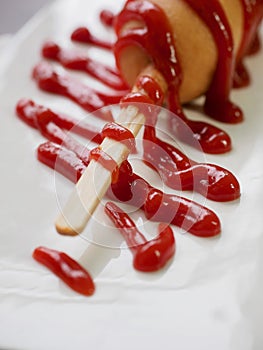 Hot dog with ketchup on a white plate