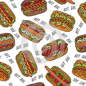 Hot Dog and Lettering Seamless Endless Pattern. Many Ingredients. Restaurant or Cafe Menu Background. Street Fast Food Collection.