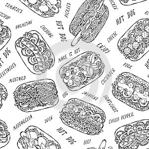 Hot Dog and Lettering Seamless Endless Pattern. Many Ingredients. Restaurant or Cafe Menu Background. Street Fast Food Collection.