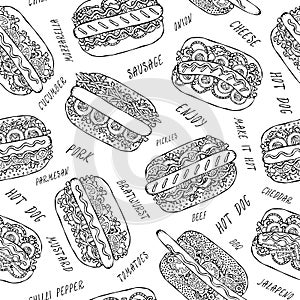 Hot Dog and Lettering Seamless Endless Pattern. Many Ingredients. Restaurant or Cafe Menu Background. Street Fast Food Collection.