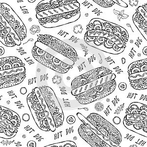 Hot Dog and Lettering Seamless Endless Pattern. Many Ingredients. Restaurant or Cafe Menu Background. Street Fast Food Collection.