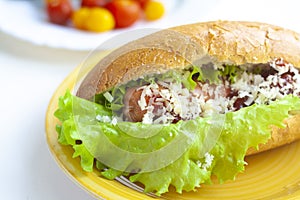 Hot dog with lettuce on a yellow plate