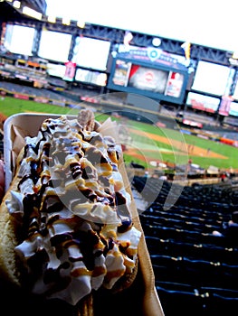 Hot dog loaded at ballpark